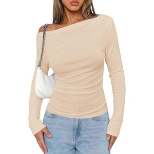 PRETTYGARDEN Off The Shoulder Tops for Women Going Out Long Sleeve Shirts 2026 Fall Casual Fitted Ribbed Ruched Y2K Clothes(Beige)