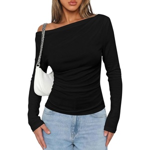 PRETTYGARDEN Off The Shoulder Tops for Women Going Out Long Sleeve Shirts 2026 Fall Casual Fitted Ribbed Ruched Y2K Clothes(Black)