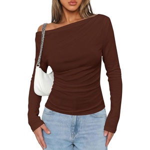 PRETTYGARDEN Off The Shoulder Tops for Women Going Out Long Sleeve Shirts 2026 Fall Casual Fitted Ribbed Ruched Y2K Clothes(Brown)