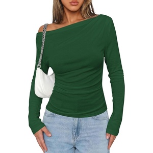 PRETTYGARDEN Off The Shoulder Tops for Women Going Out Long Sleeve Shirts 2026 Fall Casual Fitted Ribbed Ruched Y2K Clothes(Dark Green)