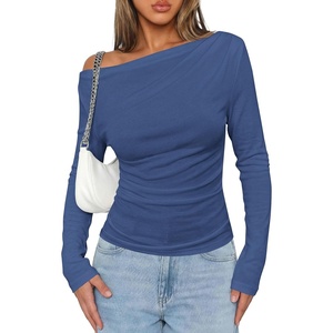 PRETTYGARDEN Off The Shoulder Tops for Women Going Out Long Sleeve Shirts 2026 Fall Casual Fitted Ribbed Ruched Y2K Clothes(Grey Blue)
