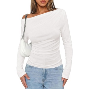 PRETTYGARDEN Off The Shoulder Tops for Women Going Out Long Sleeve Shirts 2026 Fall Casual Fitted Ribbed Ruched Y2K Clothes(White)