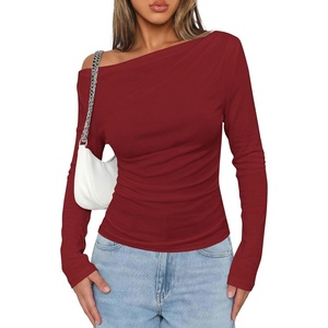 PRETTYGARDEN Off The Shoulder Tops for Women Going Out Long Sleeve Shirts 2026 Fall Casual Fitted Ribbed Ruched Y2K Clothes(Wine Red)