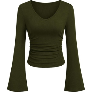 PRETTYGARDEN Women 2026 Fall Long Bell Sleeve Shirts Ribbed V Neck Fitted Ruched Trendy Y2K Going Out Tee Tops Summer Clothes(Army Green)