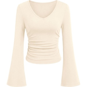 PRETTYGARDEN Women 2026 Fall Long Bell Sleeve Shirts Ribbed V Neck Fitted Ruched Trendy Y2K Going Out Tee Tops Summer Clothes(Beige)
