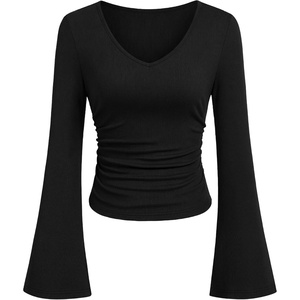 PRETTYGARDEN Women 2026 Fall Long Bell Sleeve Shirts Ribbed V Neck Fitted Ruched Trendy Y2K Going Out Tee Tops Summer Clothes(Black)