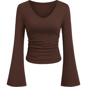 PRETTYGARDEN Women 2026 Fall Long Bell Sleeve Shirts Ribbed V Neck Fitted Ruched Trendy Y2K Going Out Tee Tops Summer Clothes(Brown)