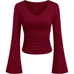 PRETTYGARDEN Women 2026 Fall Long Bell Sleeve Shirts Ribbed V Neck Fitted Ruched Trendy Y2K Going Out Tee Tops Summer Clothes(Burgundy)