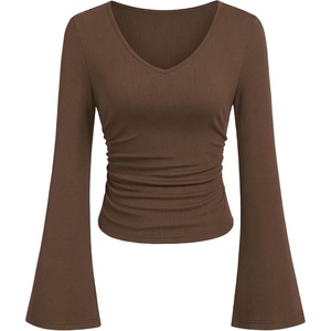 PRETTYGARDEN Women 2026 Fall Long Bell Sleeve Shirts Ribbed V Neck Fitted Ruched Trendy Y2K Going Out Tee Tops Summer Clothes(Coffee)