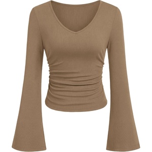 PRETTYGARDEN Women 2026 Fall Long Bell Sleeve Shirts Ribbed V Neck Fitted Ruched Trendy Y2K Going Out Tee Tops Summer Clothes(Light Brown)