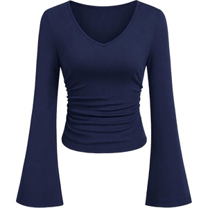 PRETTYGARDEN Women 2026 Fall Long Bell Sleeve Shirts Ribbed V Neck Fitted Ruched Trendy Y2K Going Out Tee Tops Summer Clothes(Navy Blue)
