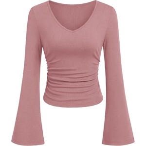 PRETTYGARDEN Women 2026 Fall Long Bell Sleeve Shirts Ribbed V Neck Fitted Ruched Trendy Y2K Going Out Tee Tops Summer Clothes(Pink)