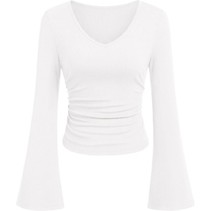 PRETTYGARDEN Women 2026 Fall Long Bell Sleeve Shirts Ribbed V Neck Fitted Ruched Trendy Y2K Going Out Tee Tops Summer Clothes(White)
