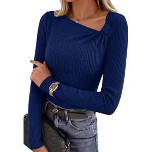 PRETTYGARDEN Womens 2026 Early Fall Fashion Long Sleeve T Shirts Asymmetrical Ribbed Fitted Trendy Going Out Tops Y2K Outfits(Navy Blue)