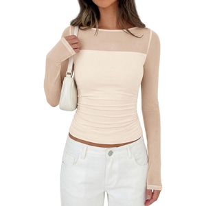 PRETTYGARDEN Women’s 2026 Fall Long Sleeve T Shirts Sheer Mesh Boat Neck Ruched Fitted Going Out Summer Tops Fashion Clothing(Apricot)
