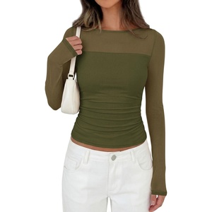 PRETTYGARDEN Women’s 2026 Fall Long Sleeve T Shirts Sheer Mesh Boat Neck Ruched Fitted Going Out Summer Tops Fashion Clothing(Army Green)