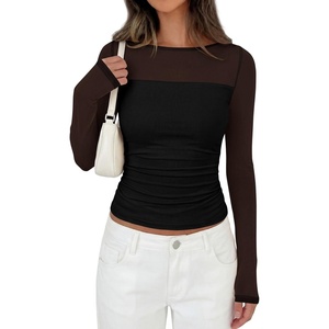 PRETTYGARDEN Women’s 2026 Fall Long Sleeve T Shirts Sheer Mesh Boat Neck Ruched Fitted Going Out Summer Tops Fashion Clothing(Black)