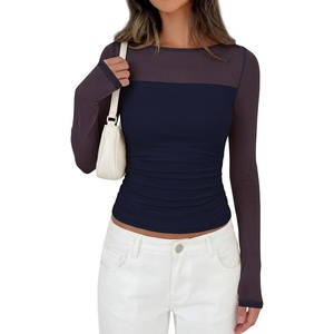 PRETTYGARDEN Women’s 2026 Fall Long Sleeve T Shirts Sheer Mesh Boat Neck Ruched Fitted Going Out Summer Tops Fashion Clothing(Navy Blue)