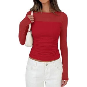 PRETTYGARDEN Women’s 2026 Fall Long Sleeve T Shirts Sheer Mesh Boat Neck Ruched Fitted Going Out Summer Tops Fashion Clothing(Red)