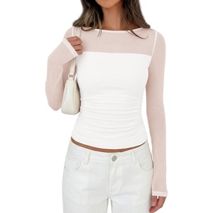 PRETTYGARDEN Women’s 2026 Fall Long Sleeve T Shirts Sheer Mesh Boat Neck Ruched Fitted Going Out Summer Tops Fashion Clothing(White)