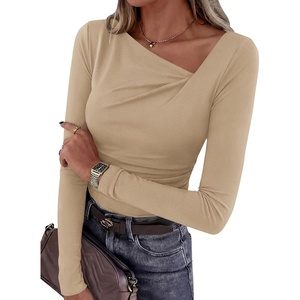 PRETTYGARDEN Women’s 2026 Long Sleeve T Shirts Asymmetrical Y2K Slim Fitted Going Out Trendy Tops Early Fall Fashion Clothing(Light Khaki)