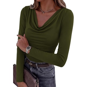 PRETTYGARDEN Women’s Long Sleeve Shirts 2026 Fall Outfits Cowl Neck Ruched Slim Fitted Going Out Tops Y2K Fashion Clothing(Army Green)