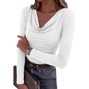 PRETTYGARDEN Women’s Long Sleeve Shirts 2026 Fall Outfits Cowl Neck Ruched Slim Fitted Going Out Tops Y2K Fashion Clothing(White)
