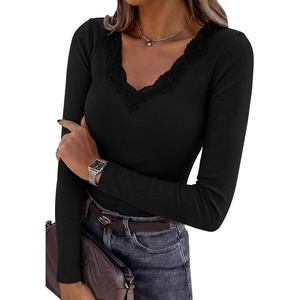 PRETTYGARDEN Women’s Long Sleeve Shirts Lace Trim V Neck Ribbed Slim Fitted Basic Tees Y2K Going Out Tops 2026 Fall Clothes(Black)