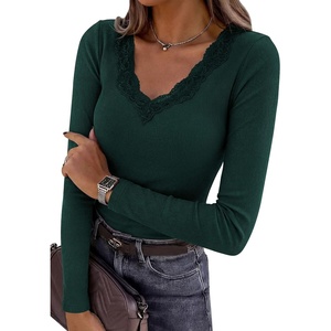 PRETTYGARDEN Women’s Long Sleeve Shirts Lace Trim V Neck Ribbed Slim Fitted Basic Tees Y2K Going Out Tops 2026 Fall Clothes(Dark Green)
