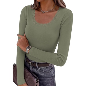 PRETTYGARDEN Womens Long Sleeve Tops Casual Fall Fashion 2026 Lace Square Neck Fitted Ribbed Knit Tee Shirts Winter Clothing(Army Green)