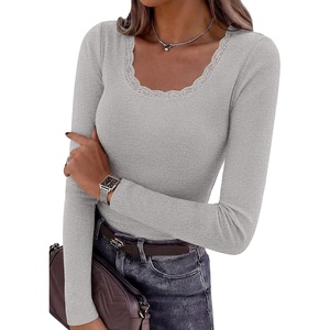 PRETTYGARDEN Womens Long Sleeve Tops Casual Fall Fashion 2026 Lace Square Neck Fitted Ribbed Knit Tee Shirts Winter Clothing(Grey)