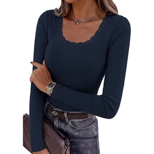 PRETTYGARDEN Womens Long Sleeve Tops Casual Fall Fashion 2026 Lace Square Neck Fitted Ribbed Knit Tee Shirts Winter Clothing(Navy Blue)