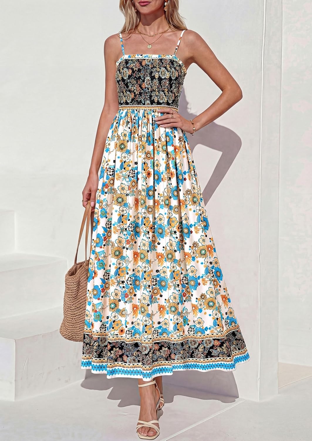 image:imagePRETTYGARDEN Summer Dresses for Women 2026 Casual Spaghetti Strap Beach Long Sundresses Boho Floral Smocked Maxi Flowy DressApricot