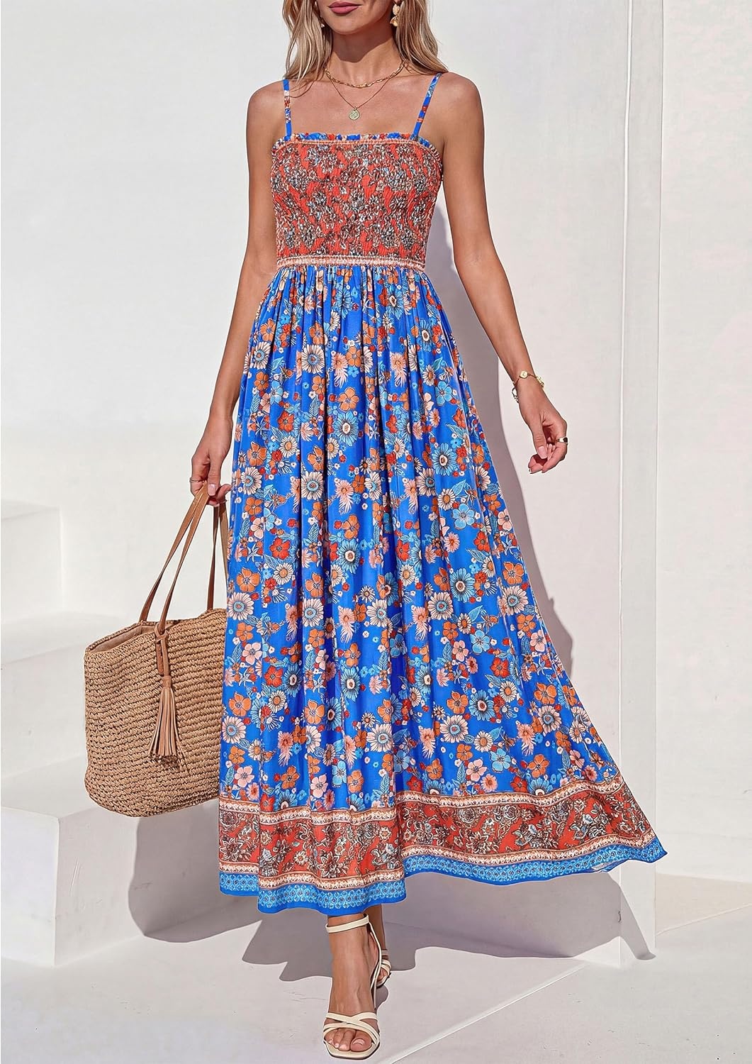 image:imagePRETTYGARDEN Summer Dresses for Women 2026 Casual Spaghetti Strap Beach Long Sundresses Boho Floral Smocked Maxi Flowy DressBlue