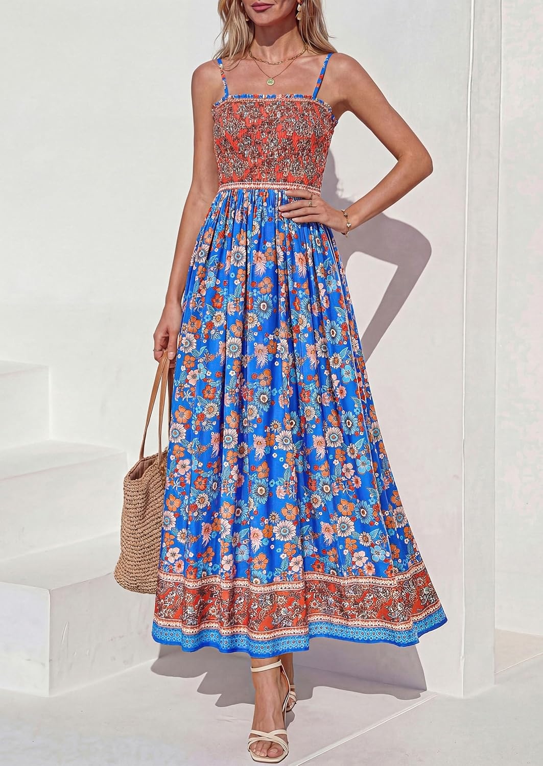 image:imagePRETTYGARDEN Summer Dresses for Women 2026 Casual Spaghetti Strap Beach Long Sundresses Boho Floral Smocked Maxi Flowy DressBlue