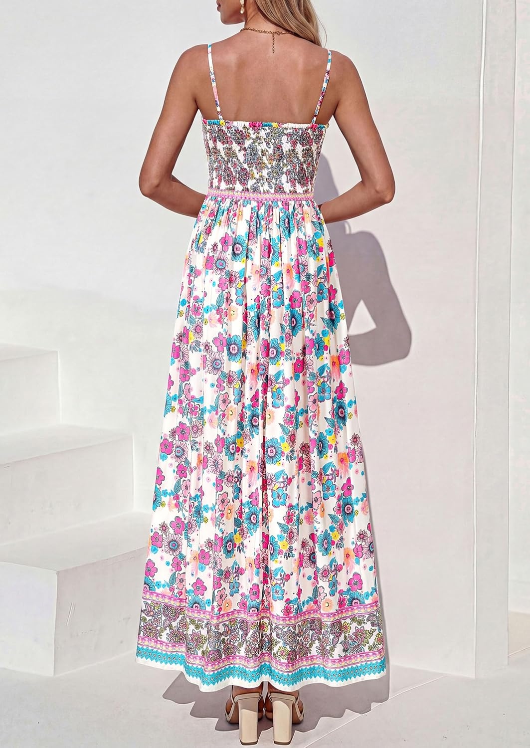 image:imagePRETTYGARDEN Summer Dresses for Women 2026 Casual Spaghetti Strap Beach Long Sundresses Boho Floral Smocked Maxi Flowy DressPink