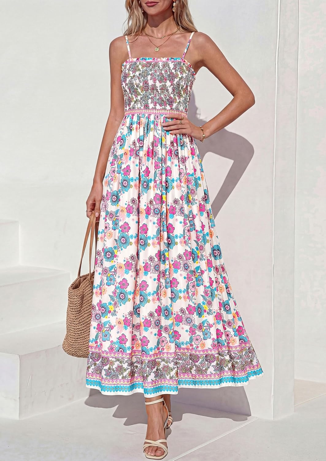 image:imagePRETTYGARDEN Summer Dresses for Women 2026 Casual Spaghetti Strap Beach Long Sundresses Boho Floral Smocked Maxi Flowy DressPink