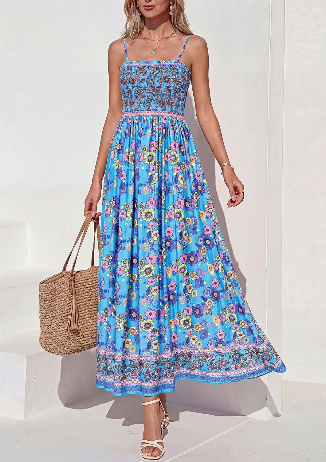 image:imagePRETTYGARDEN Summer Dresses for Women 2026 Casual Spaghetti Strap Beach Long Sundresses Boho Floral Smocked Maxi Flowy DressSky Blue