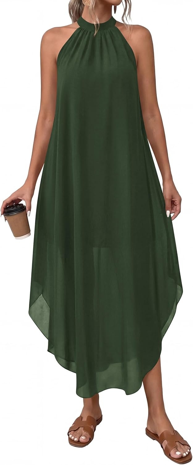image:imagePRETTYGARDEN Womens Flowy Maxi Dresses Summer 2026 Halter Sleeveless Long Asymmetrical Spring Dress Beach Vacation SundressArmy Green