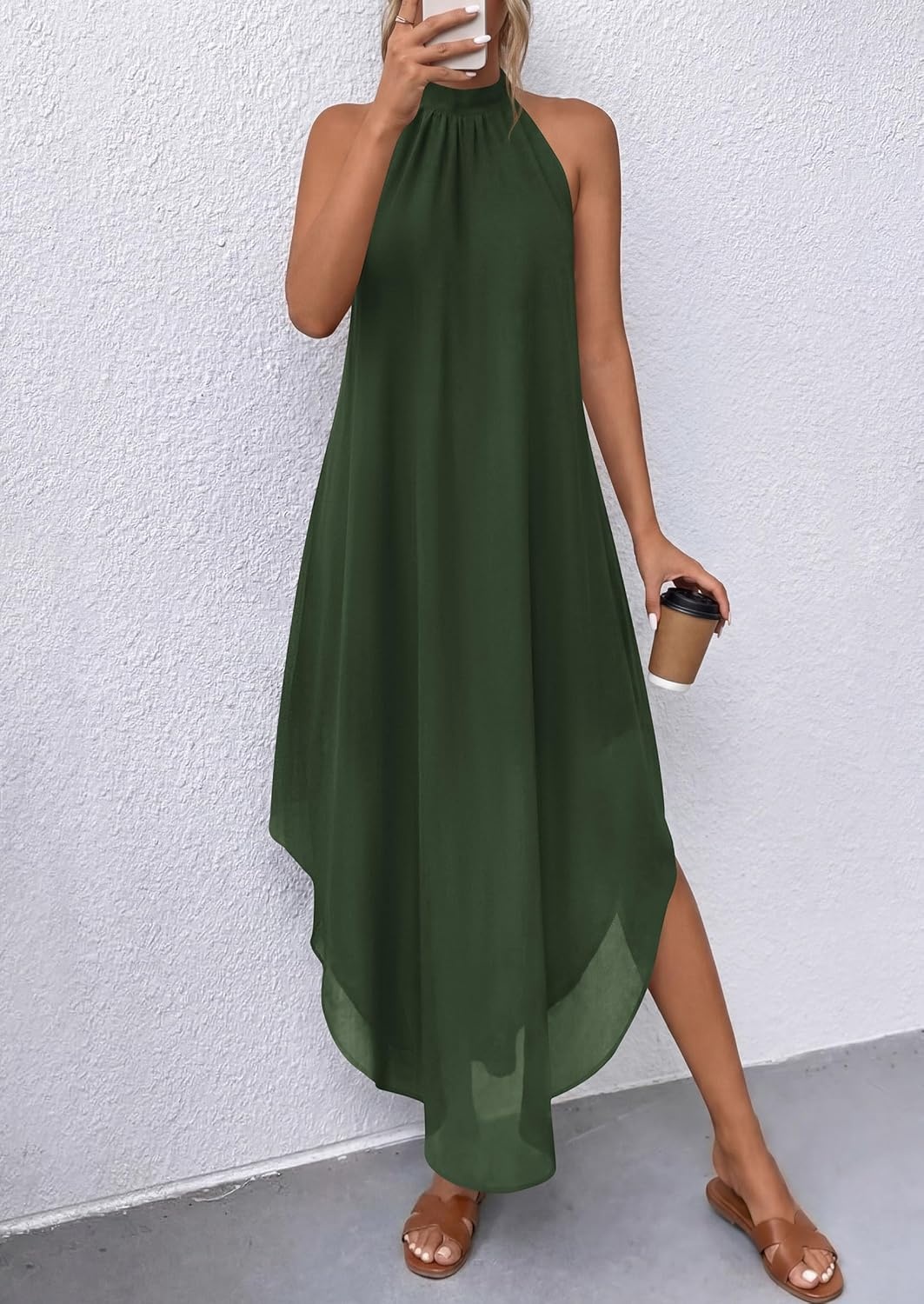 image:imagePRETTYGARDEN Womens Flowy Maxi Dresses Summer 2026 Halter Sleeveless Long Asymmetrical Spring Dress Beach Vacation SundressArmy Green