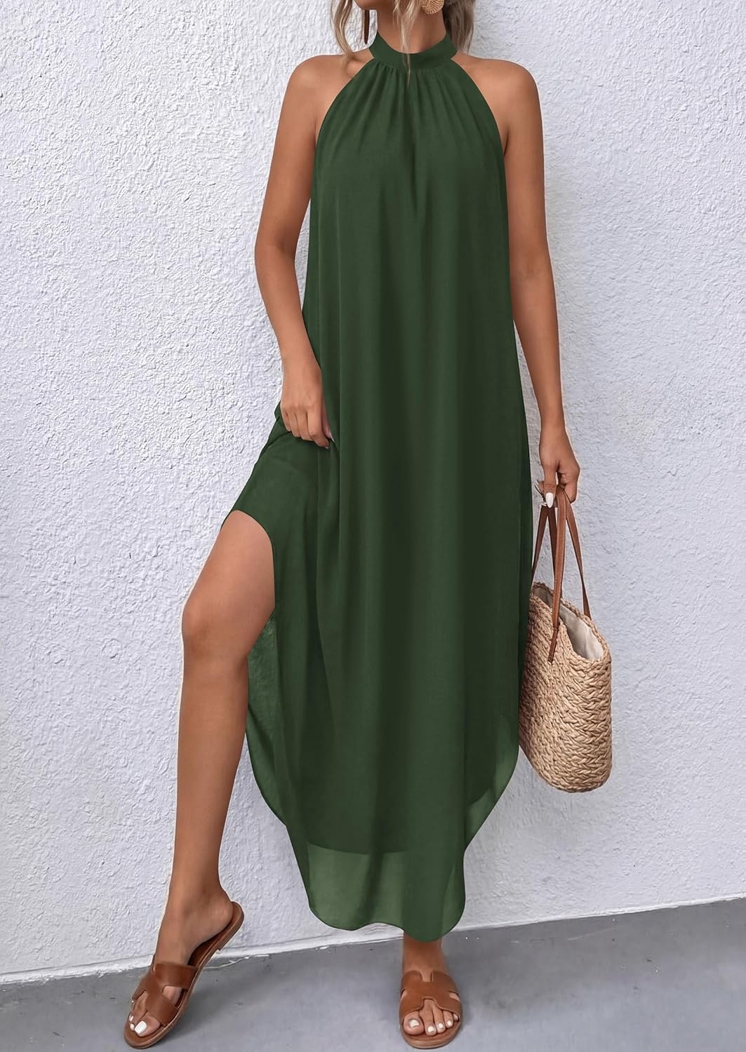 image:imagePRETTYGARDEN Womens Flowy Maxi Dresses Summer 2026 Halter Sleeveless Long Asymmetrical Spring Dress Beach Vacation SundressArmy Green