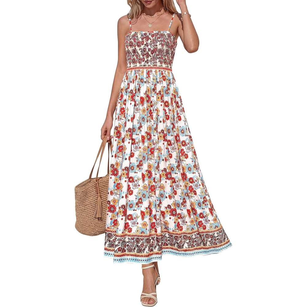 image:imagePRETTYGARDEN Summer Dresses for Women 2026 Casual Spaghetti Strap Beach Long Sundresses Boho Floral Smocked Maxi Flowy DressWhite