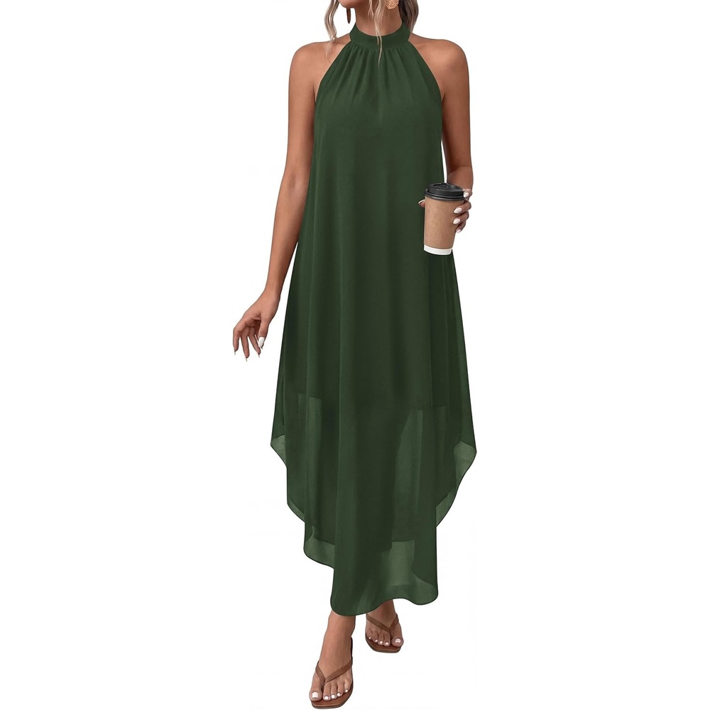 image:imagePRETTYGARDEN Womens Flowy Maxi Dresses Summer 2026 Halter Sleeveless Long Asymmetrical Spring Dress Beach Vacation SundressArmy Green