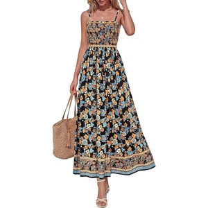 PRETTYGARDEN Summer Dresses for Women 2026 Casual Spaghetti Strap Beach Long Sundresses Boho Floral Smocked Maxi Flowy Dress(Black)