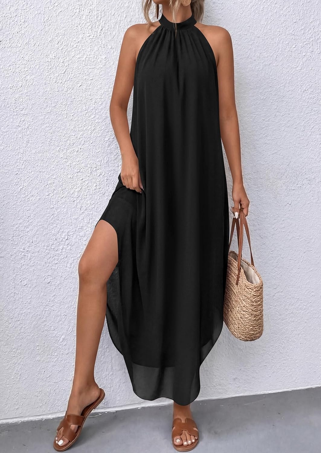 image:imagePRETTYGARDEN Summer Wedding Guest Dresses for Women 2026 Spring Long Flowy Halter Maxi Asymmetrical Beach Vacation SundressBlack