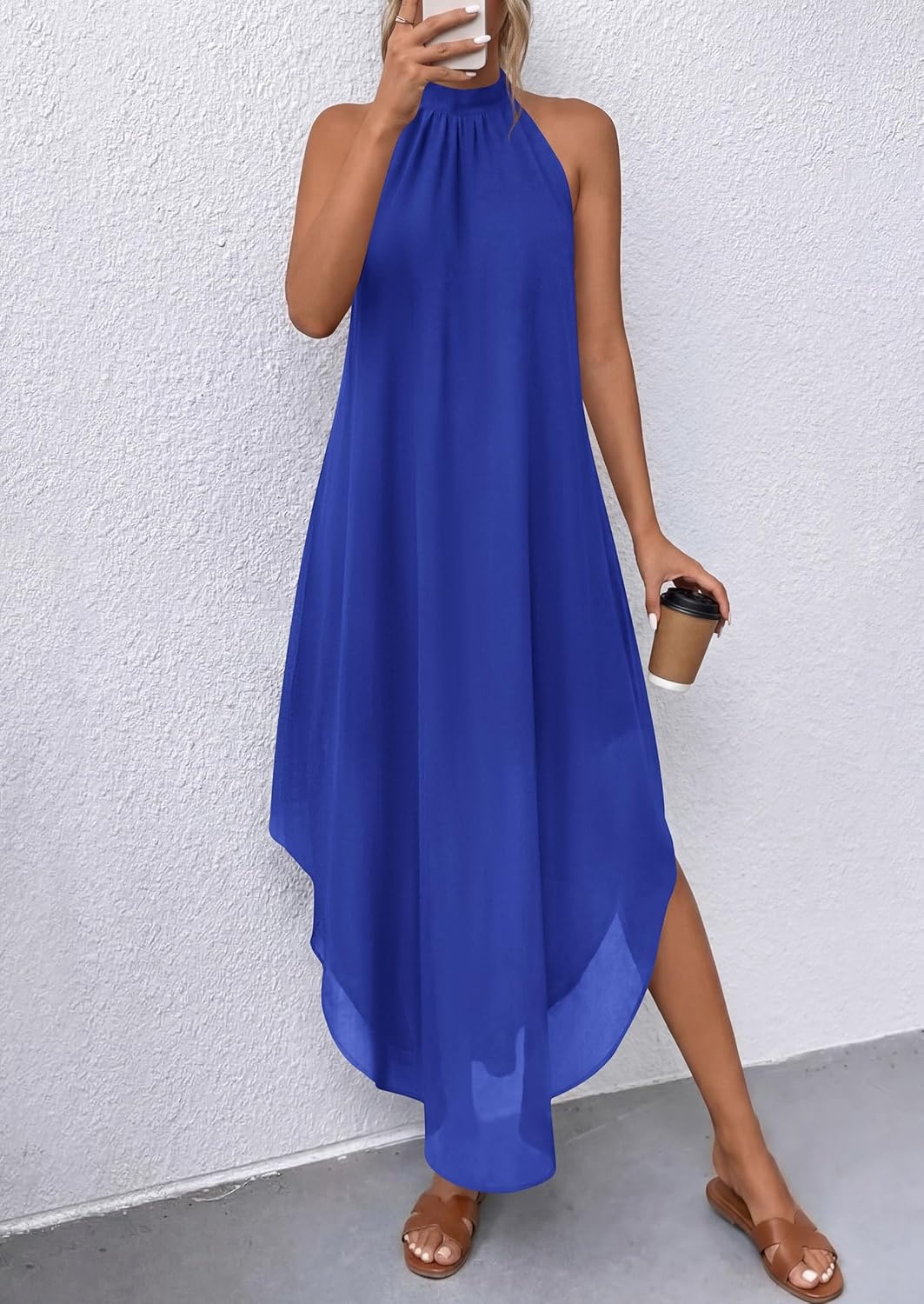 image:imagePRETTYGARDEN Summer Wedding Guest Dresses for Women 2026 Spring Long Flowy Halter Maxi Asymmetrical Beach Vacation SundressBlue