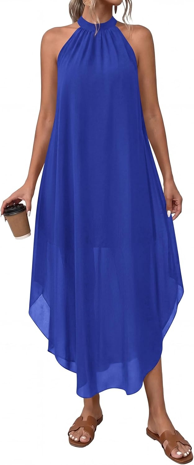 image:imagePRETTYGARDEN Summer Wedding Guest Dresses for Women 2026 Spring Long Flowy Halter Maxi Asymmetrical Beach Vacation SundressBlue
