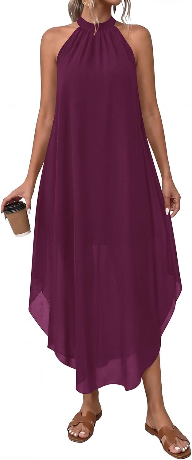 image:imagePRETTYGARDEN Summer Wedding Guest Dresses for Women 2026 Spring Long Flowy Halter Maxi Asymmetrical Beach Vacation SundressBurgundy
