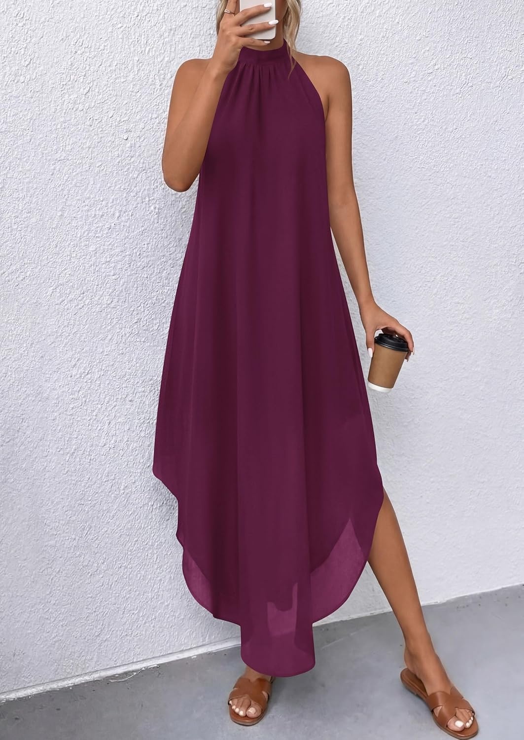 image:imagePRETTYGARDEN Summer Wedding Guest Dresses for Women 2026 Spring Long Flowy Halter Maxi Asymmetrical Beach Vacation SundressBurgundy