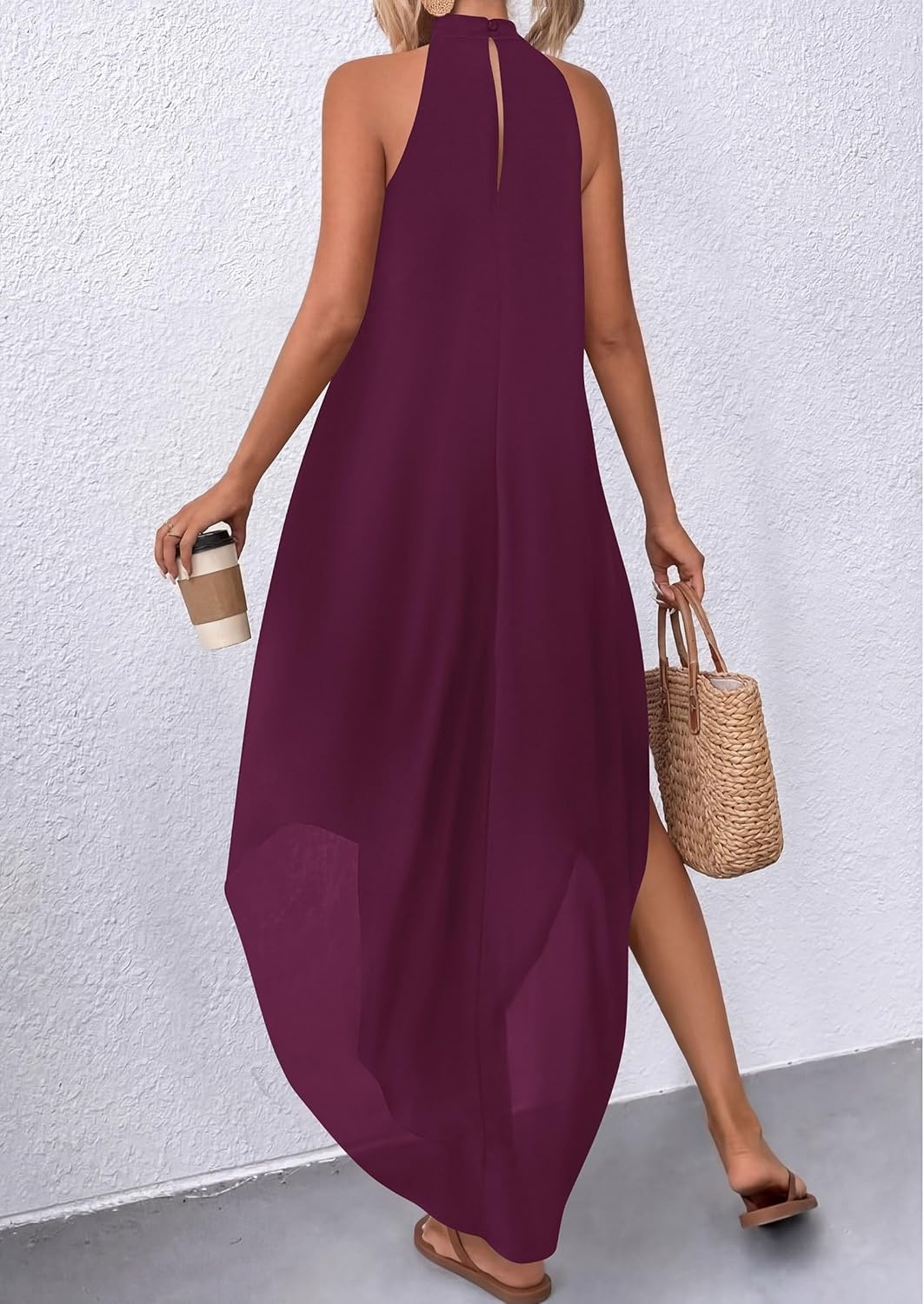 image:imagePRETTYGARDEN Summer Wedding Guest Dresses for Women 2026 Spring Long Flowy Halter Maxi Asymmetrical Beach Vacation SundressBurgundy